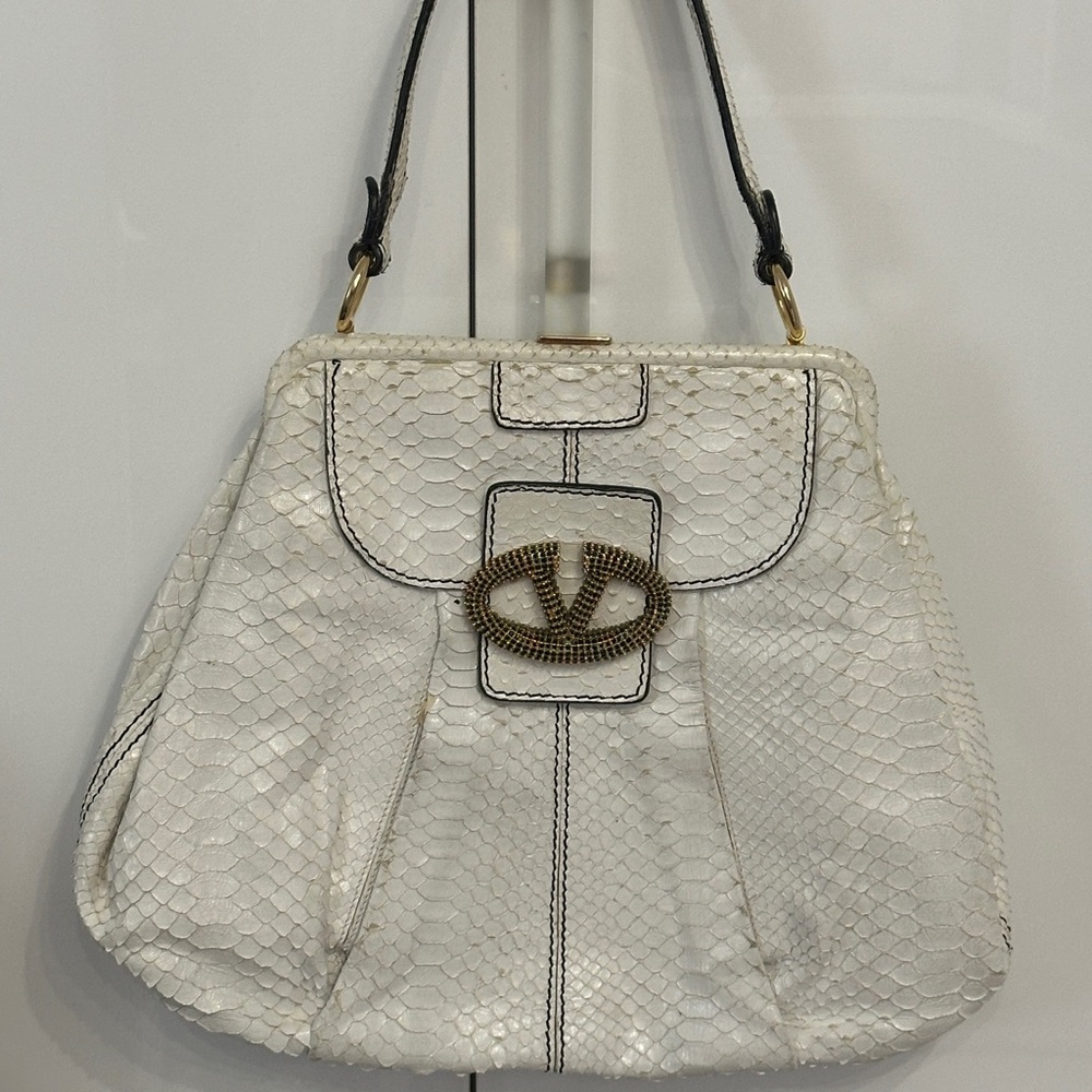 White Valentino python  Leather Shoulder Bag with Decorative Gold Accent